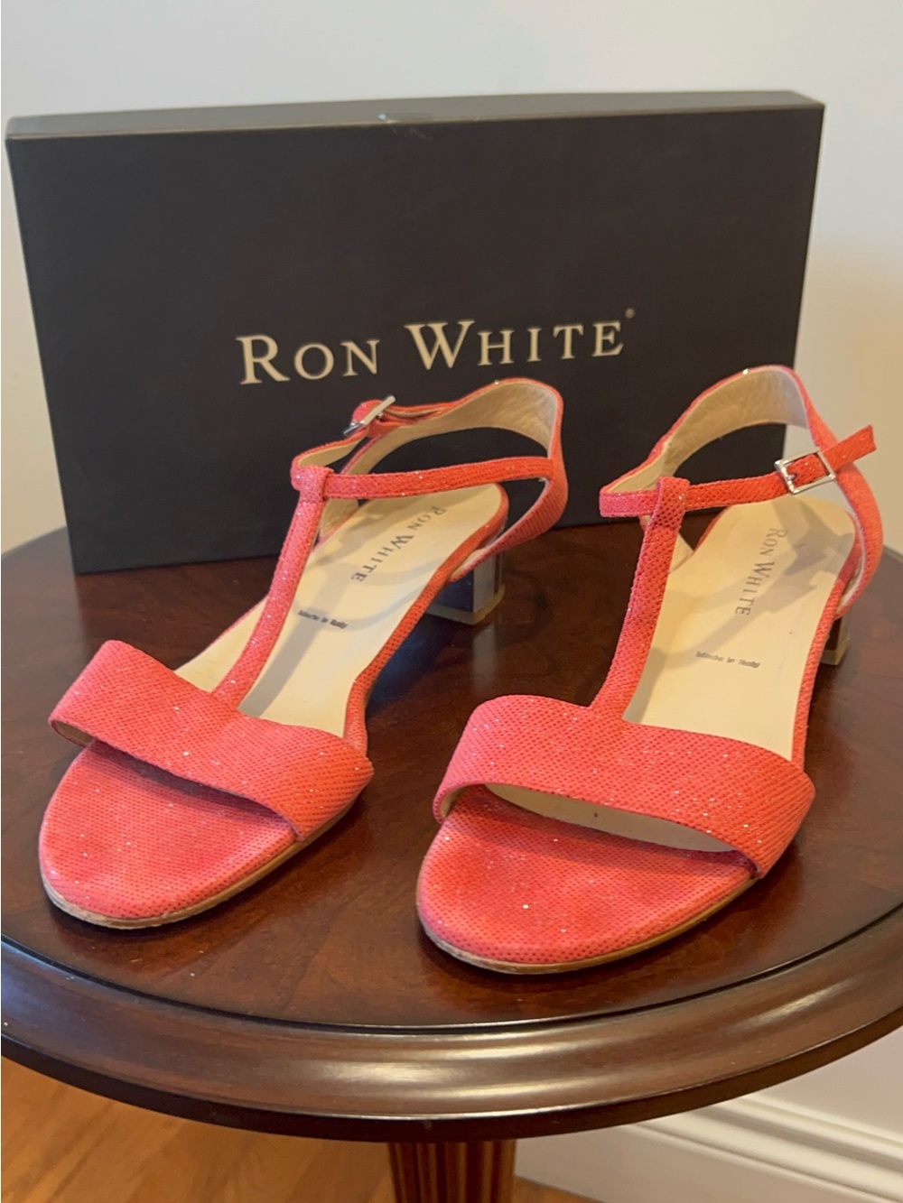 Ron White Coral T-Strap Low Block Heels with Sparkle and Mirror heels